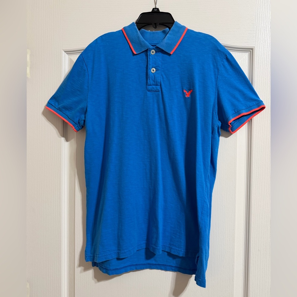 Men’s American Eagle Outfitters Slim Fit Blue Polo with Orange Trim